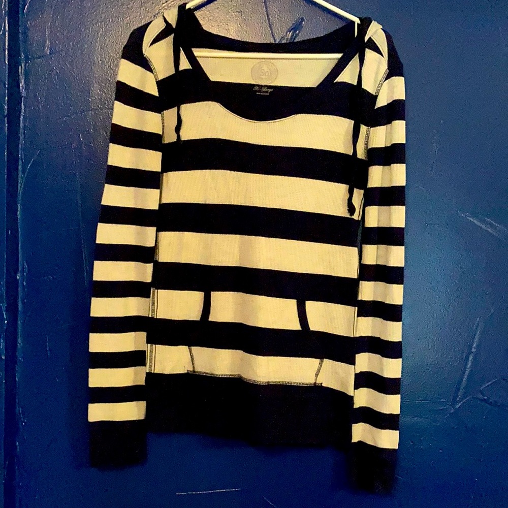 Navy blue & white striped long sleeved shirt with hood
